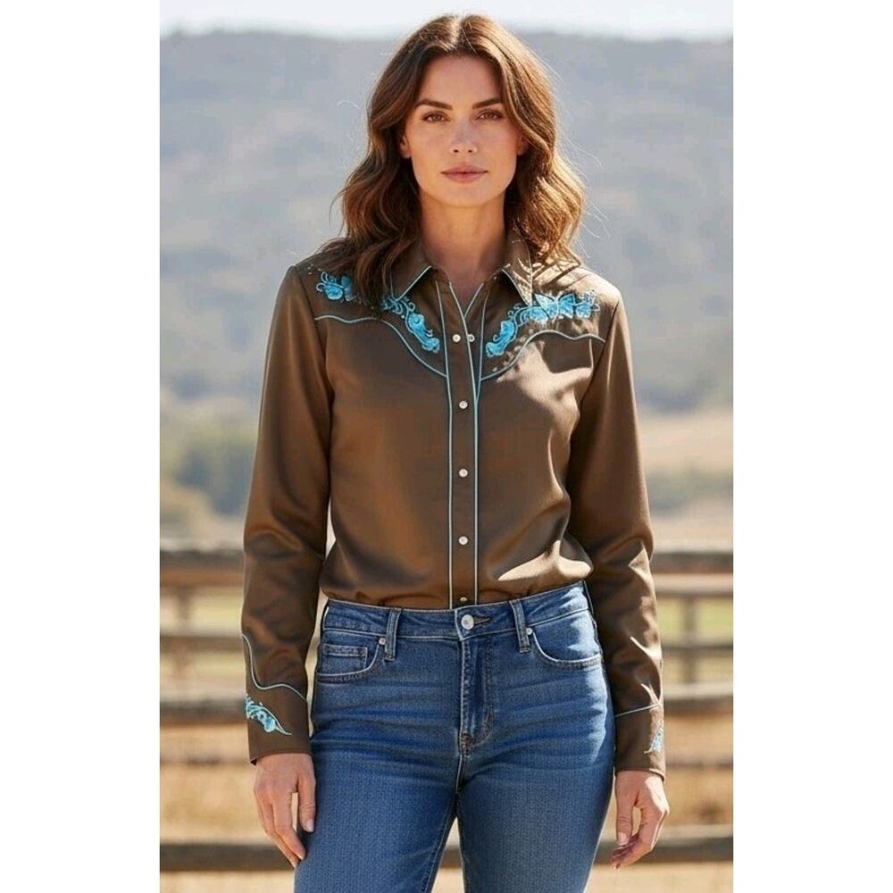 Scully Western XL Brown Embroidered Butterfly Rhinestone Snap Button Long-Sleeve
